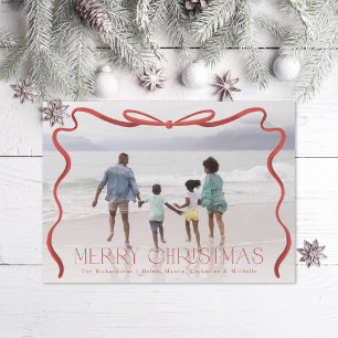 Wavy Ribbon Red and White Christmas Photo Holiday Card