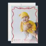 Wavy Ribbon Red and White Christmas Vertical Photo Holiday Card<br><div class="desc">Hand drawn ribbon around portrait photo; full bleed option</div>