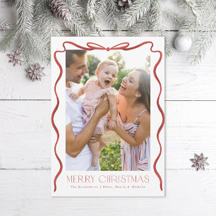 Wavy Ribbon Red and White Christmas Vertical Photo Holiday Card