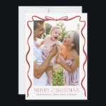 Wavy Ribbon Red and White Christmas Vertical Photo Holiday Card<br><div class="desc">Hand drawn ribbon around portrait photo with white frame</div>