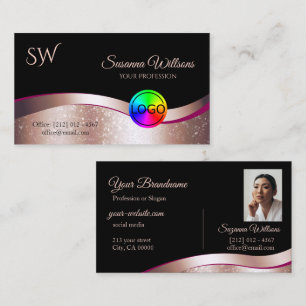 Wavy Rose Gold Decor Black Logo Monogram and Photo Business Card