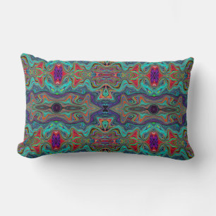 Wavy Sea Foam Green and Red Trippy Pattern Lumbar Cushion