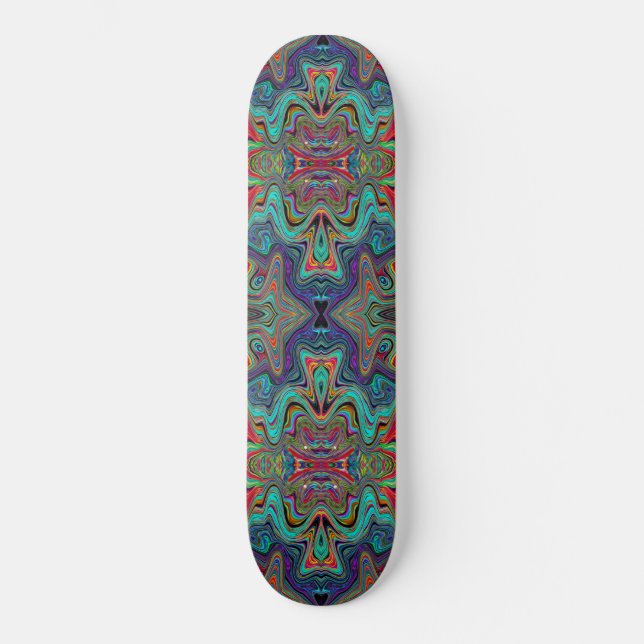 Wavy Sea Foam Green and Red Trippy Pattern Skateboard (Front)