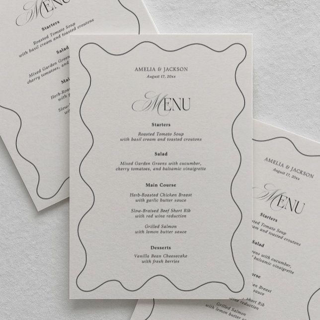 Wavy Simple Black and Ivory Wedding Menu Card (Creator Uploaded)
