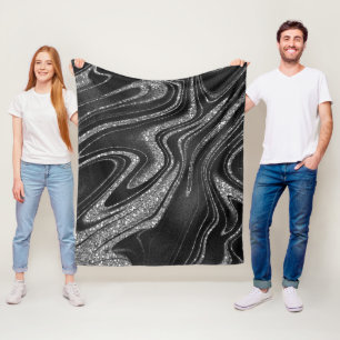 Wavy Sliver Glitter on Black Fleece Blanket