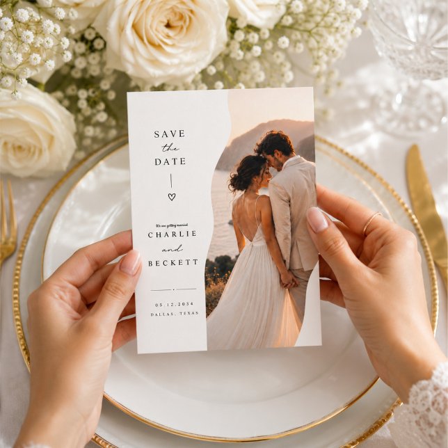 Wavy Split Wedding Save The Date Photo Card (Creator Uploaded)