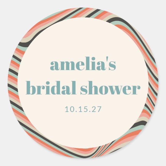 Wavy Stripes Aqua Peach Custom Bridal Shower Classic Round Sticker (Front)