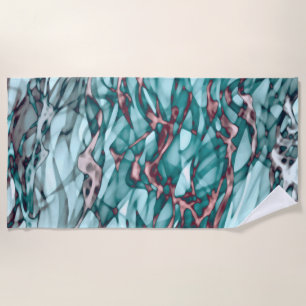 Wavy Teal Blue Green Coral Pink Abstract Art Beach Towel