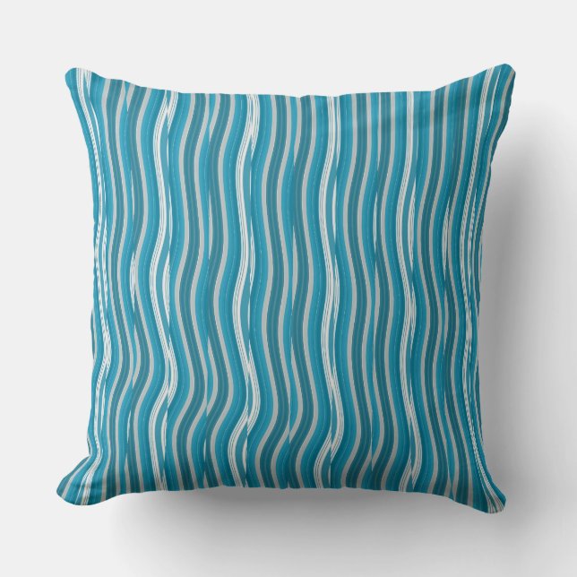 Wavy Turquoise and White Stripes Cushion (Front)