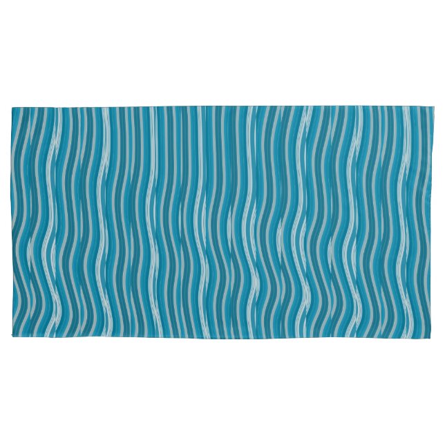 Wavy Turquoise and White Stripes Pillowcase (Front-Left)