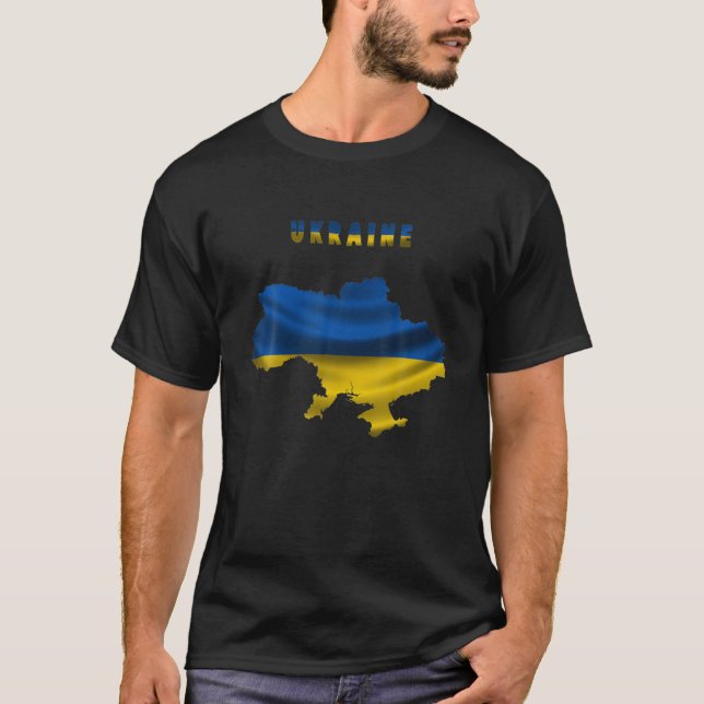 Wavy Ukrainian Flag Inside Map Of Ukraine T-Shirt (Front)