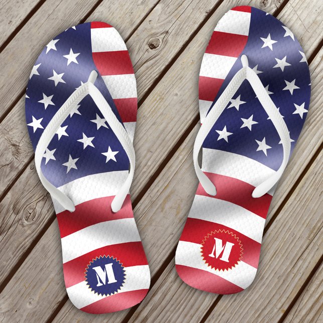 Wavy US Flag Red White and Blue Flip Flops (Creator Uploaded)