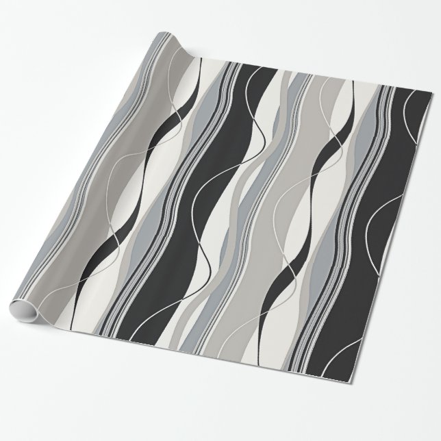 Wavy Vertical Stripes Black Grey & White Wrapping Paper (Unrolled)