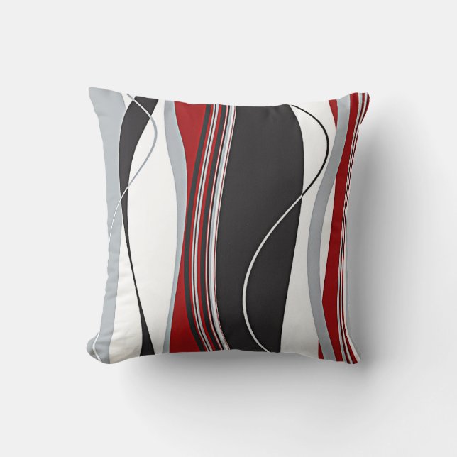 Wavy Vertical Stripes Red Black White & Grey Cushion (Front)