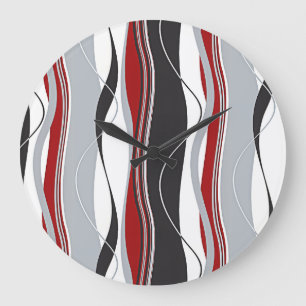 Wavy Vertical Stripes Red Black White & Grey Large Clock