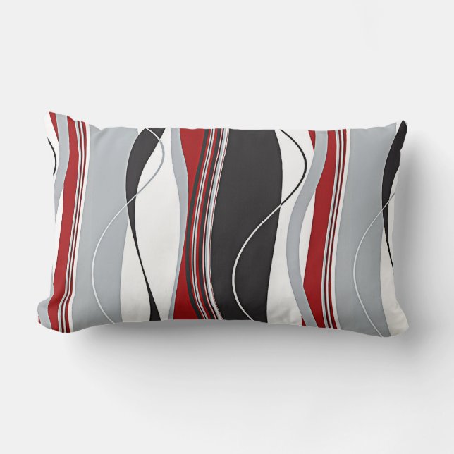 Wavy Vertical Stripes Red Black White & Grey Lumbar Cushion (Front)