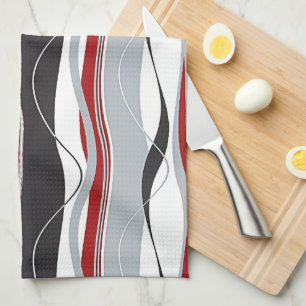 Wavy Vertical Stripes Red Black White & Grey Tea Towel