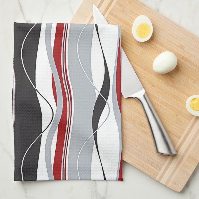 Wavy Vertical Stripes Red Black White & Grey Tea Towel (Quarter Fold)
