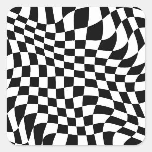 Wavy Warped Black and White Checks Square Sticker