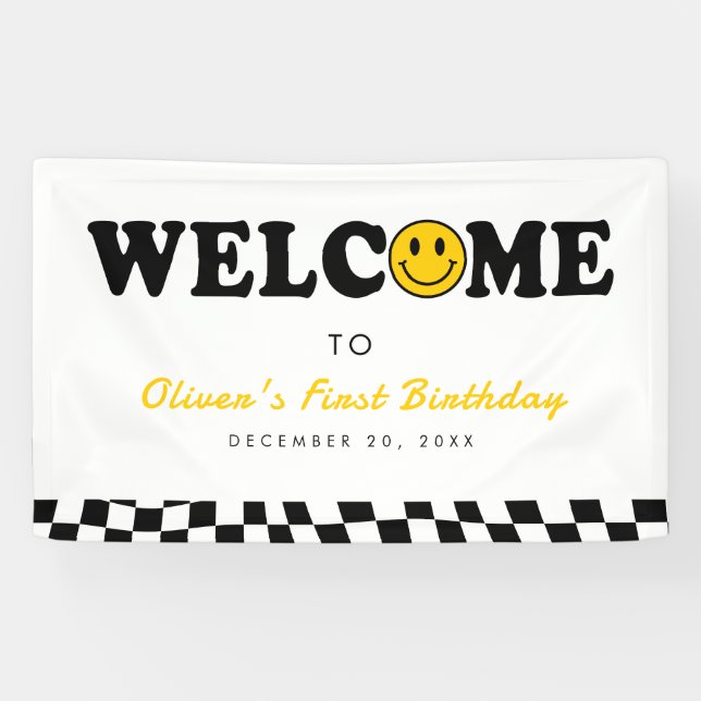 Wavy Yellow Preppy Smile Boy 1st Birthday Welcome Banner (Horizontal)