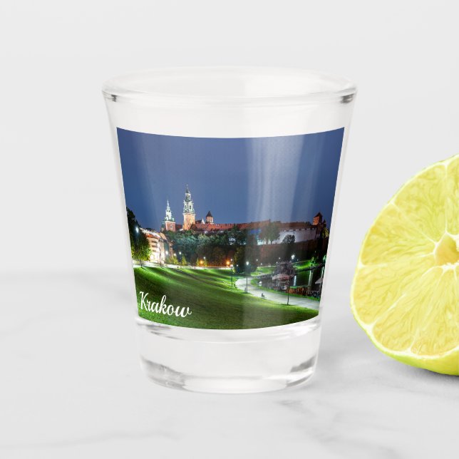 Wawel castle at night in Krakow, Poland Shot Glass (Front)