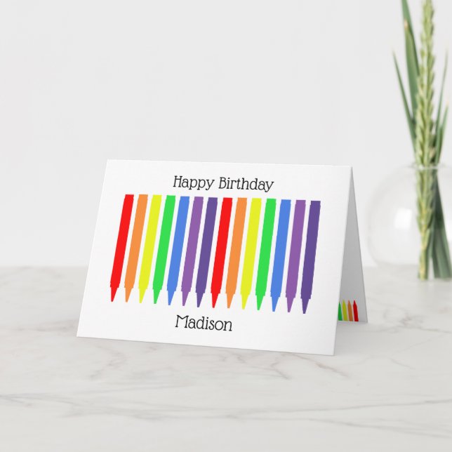 Wax crayons bright rainbow colours, happy birthday card (Front)