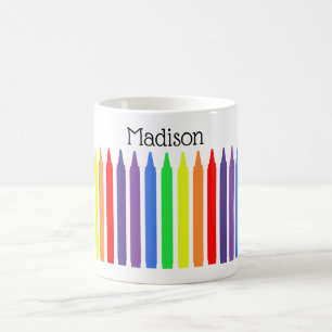 Wax crayons in funky rainbow colours, your name coffee mug