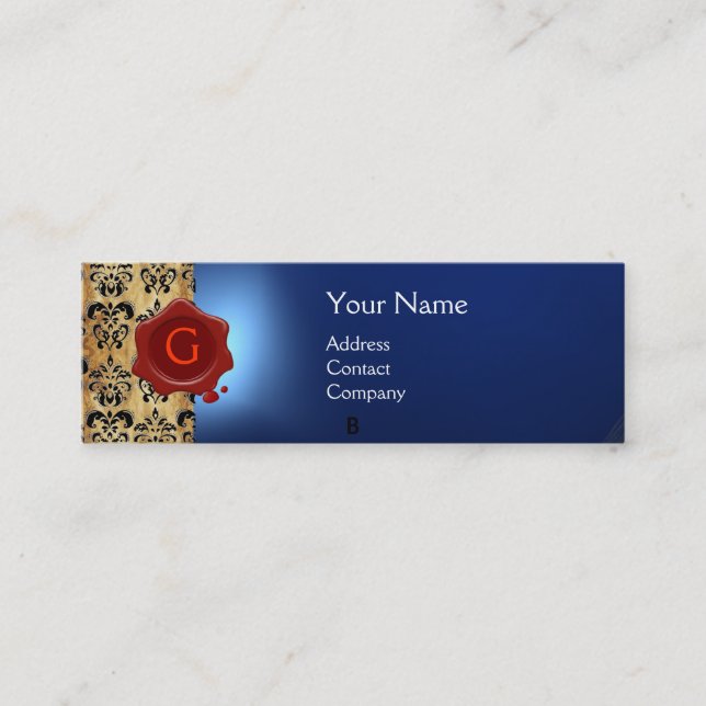 WAX SEAL DAMASK PARCHMENT  MONOGRAM blue Mini Business Card (Front)