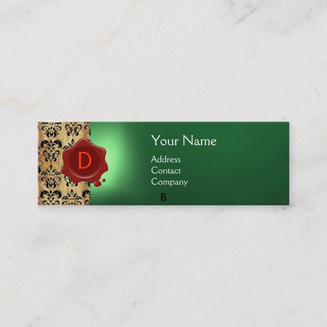 WAX SEAL DAMASK PARCHMENT  MONOGRAM green Mini Business Card (Front)