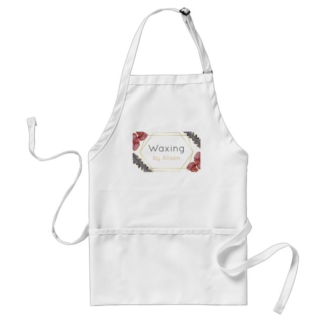 Waxing aesthetician gold maroon navy teal flower standard apron (Front)