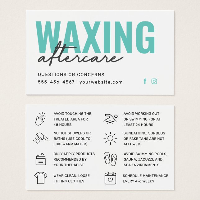 Waxing Aftercare Card Hair Removal Instructions (Front & Back)