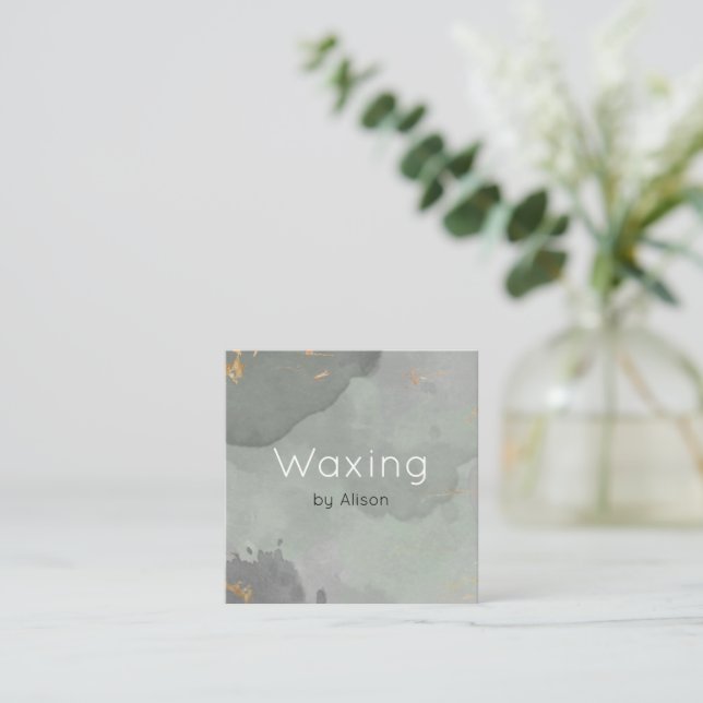 Waxing gray gold watercolour square business card (Standing Front)