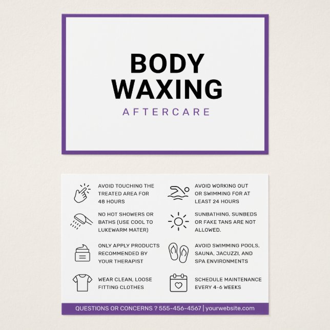 Waxing Purple Aftercare Card Hair Removal (Front & Back)
