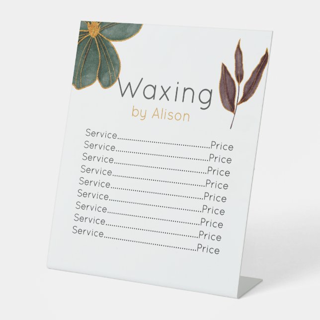 Waxing technician/esthetician maroon teal gold pedestal sign (Front)