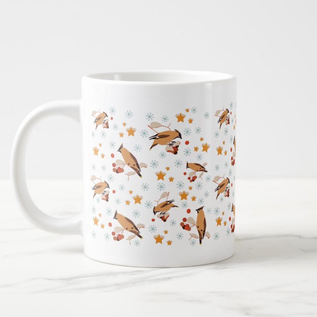Waxwing, bird, berry, star, snowflake, winter large coffee mug (Left)
