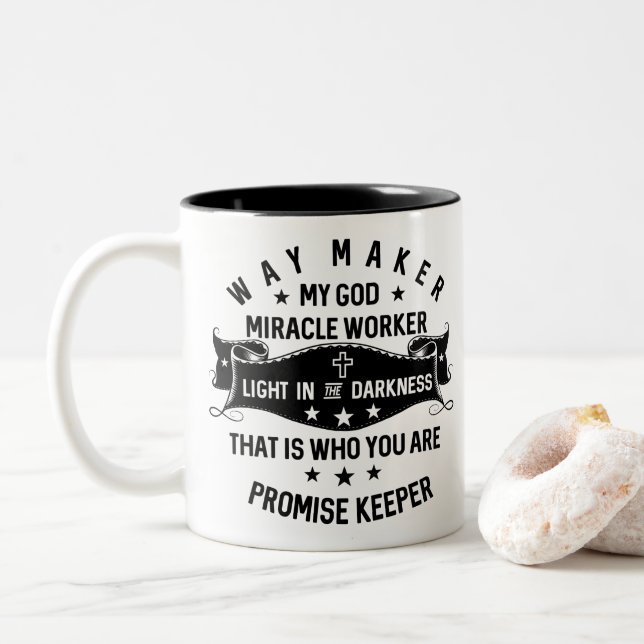 Way Maker Miracle Worker Promise Keeper Christian Two-Tone Coffee Mug (With Donut)