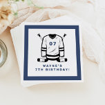 WAYNE Hockey Player Sport Themed Boy Birthday Napkin<br><div class="desc">This hockey birthday napkin features hockey themed sticks and jersey with a fun blue and white colour combination. Pair with anything in the WAYNE Collection for a cohesive look.</div>