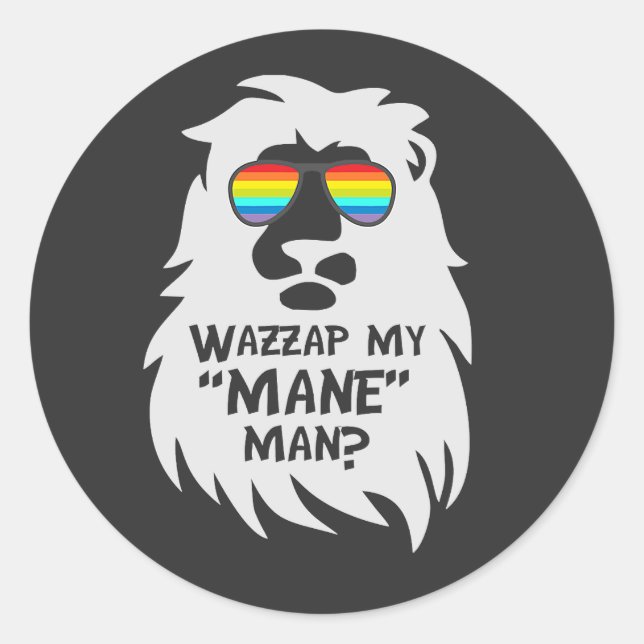Wazzup My Mane Man Lion Animal Cat Rainbow   Pun Classic Round Sticker (Front)
