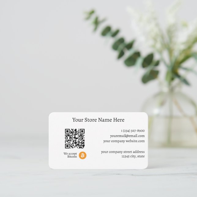 We Accept Bitcoin QR Code White Business Card (Standing Front)