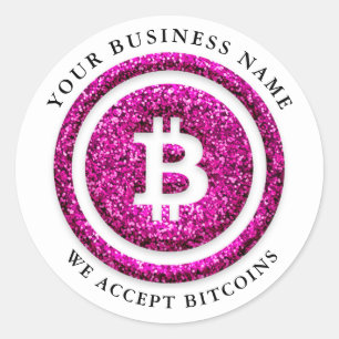We Accept Bitcoin Symbol Logo Business Name Pink Classic Round Sticker