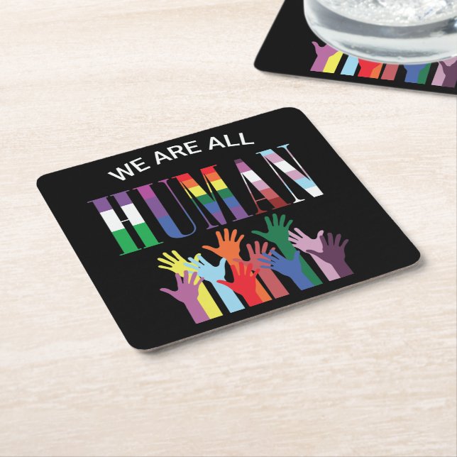 We Are All Human Colourful Hands Paper Coaster (Angled)