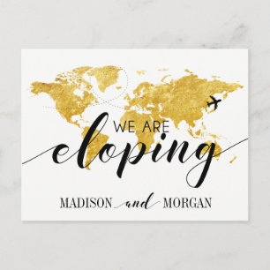 We are eloping gold World map reception invite Postcard