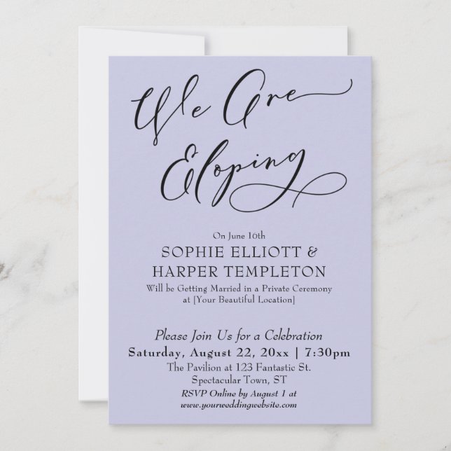 We Are Eloping, Simple Lavender Celebration Invitation (Front)
