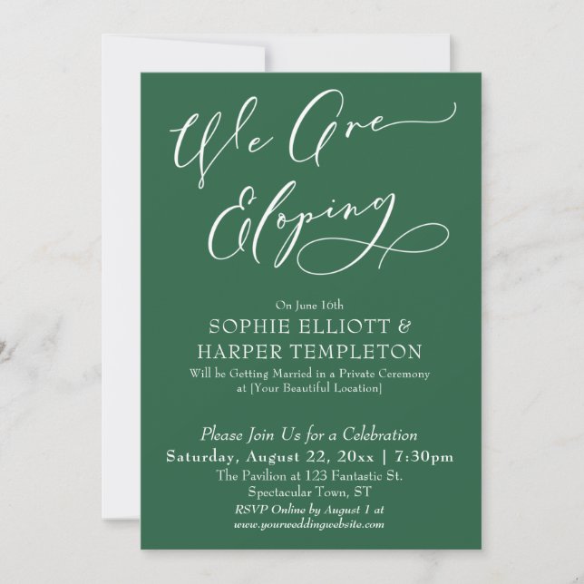 We Are Eloping, Simple Leaf Green Celebration Invitation (Front)