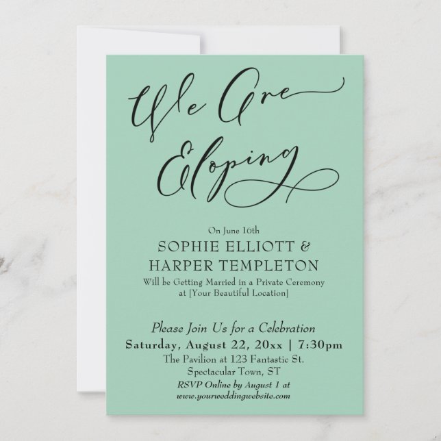 We Are Eloping, Simple Light Green Celebration Invitation (Front)