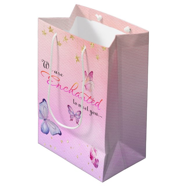 We Are Enchanted To Meet You Butterfly Baby Shower Medium Gift Bag (Front Angled)