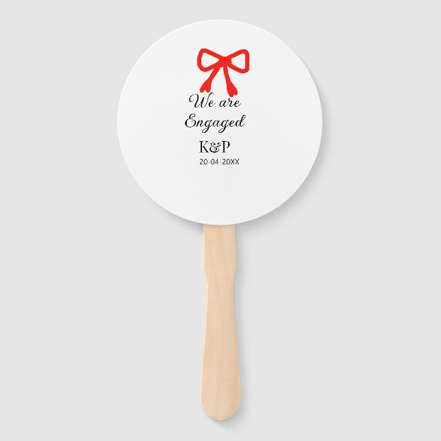 We are engaged add name letter red bow modern text hand fan (Front)