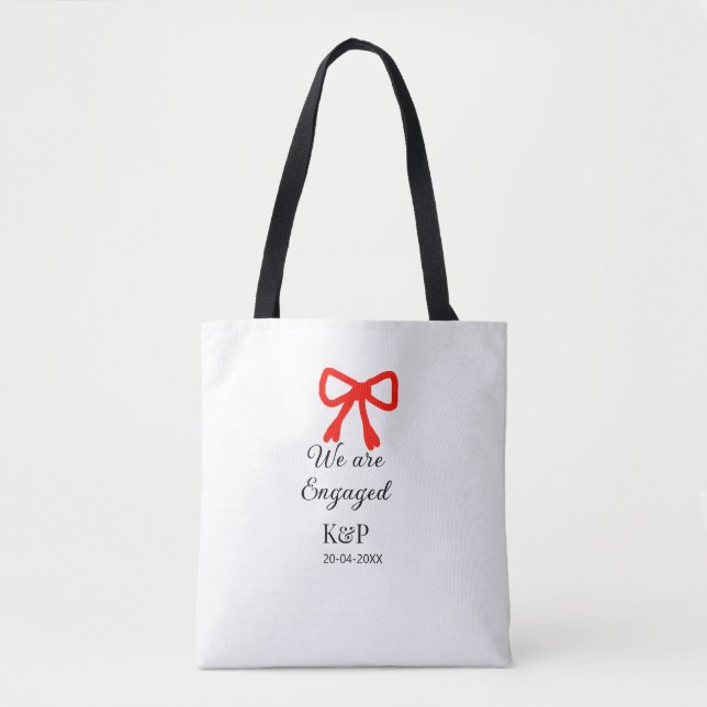 We are engaged add name letter red bow modern text tote bag (Front)
