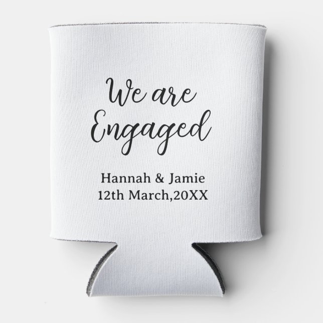 We are Engaged couple name date calligraphystylish Can Cooler (Front)