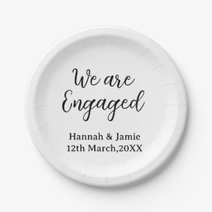 We are Engaged couple name date calligraphystylish Paper Plate